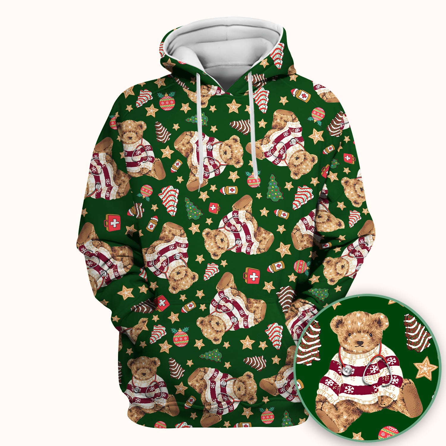 Teddy Bear Christmas Scrub Top - Cute Holiday Medical Pattern with Warm Sweater Bear - Gift for Nurses RN CNA LPN