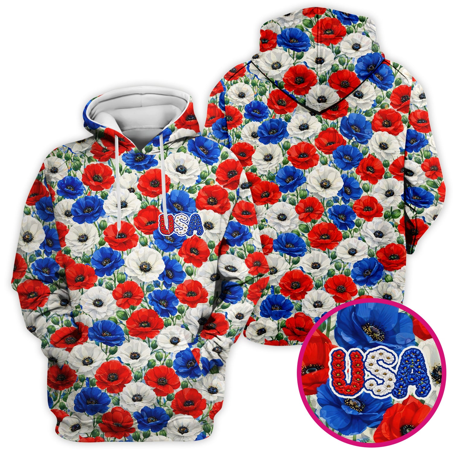 Festive Patriotic Red Blue Poppy Floral Pattern Scrub Top, Comfortable Scrubs for Nurses