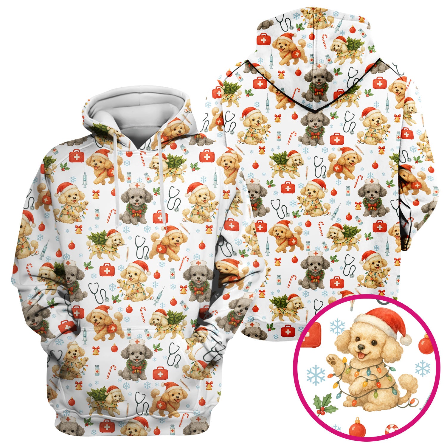 Cute Christmas Dog Scrub Top - Puppy Nurse Shirt Santa Hat Print - Holiday Medical Scrubs Gift for Women CNA RN Doctor