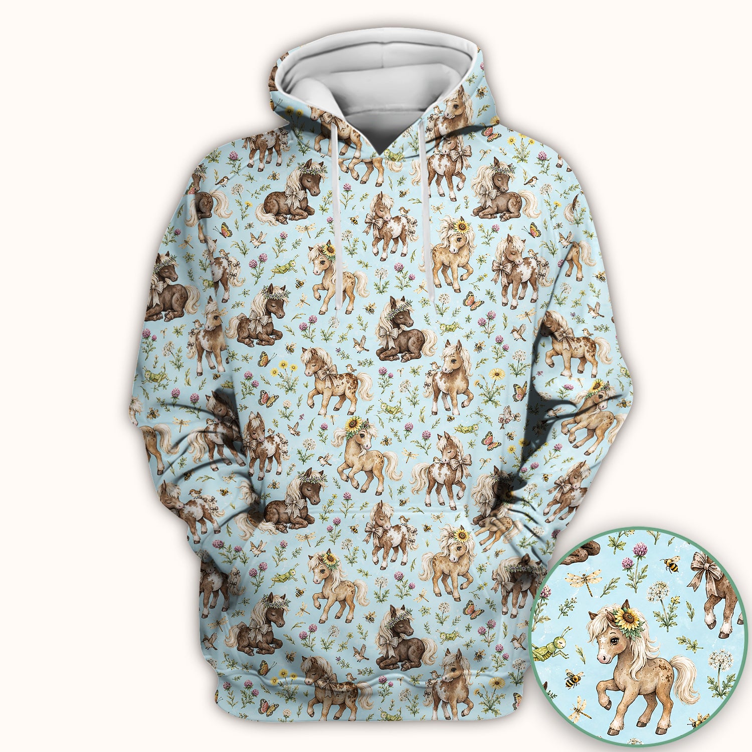 Cute Pony Garden with Butterfly Floral Meadow Print Scrub Top, Comfortable Scrubs for Nurses