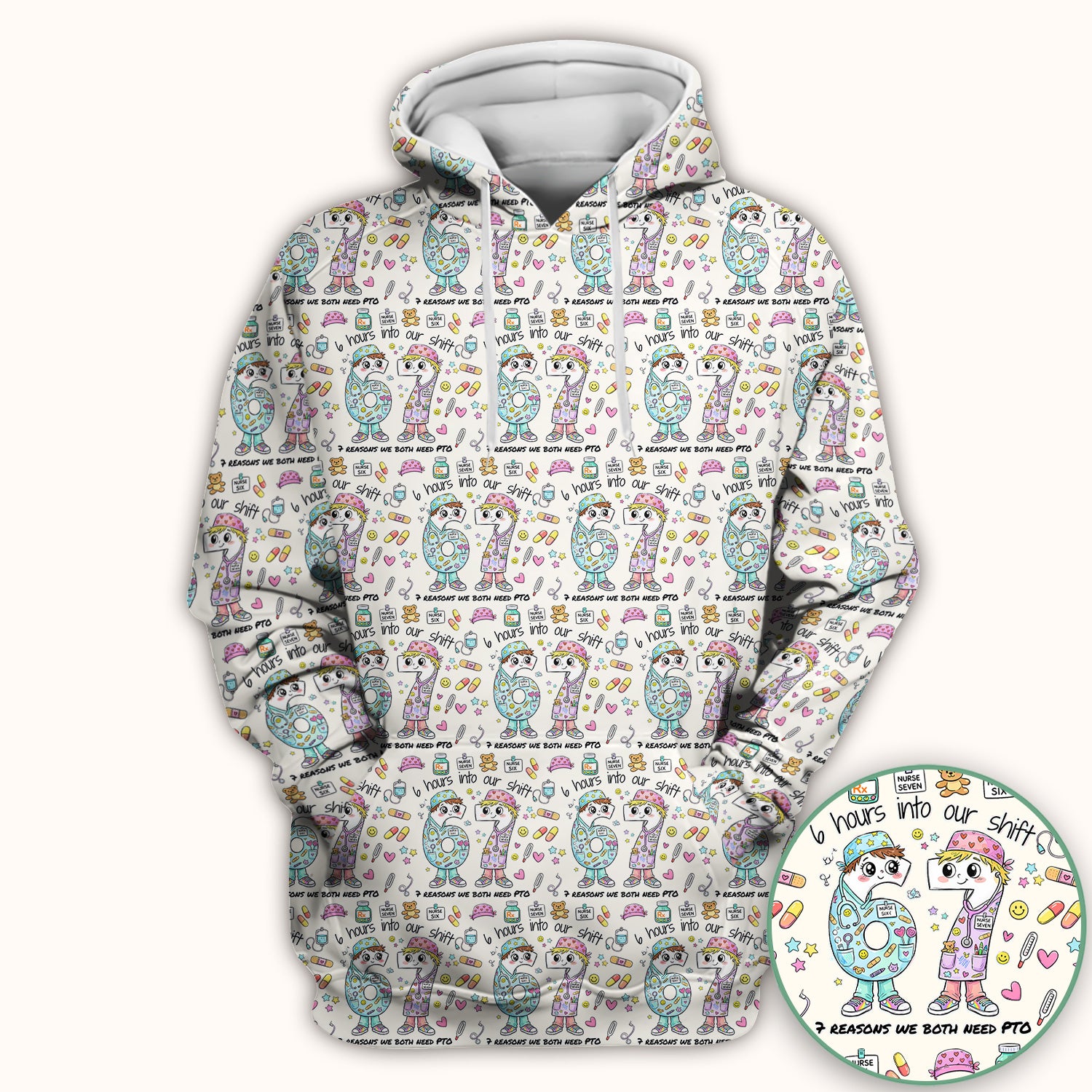 Cartoon Characters Six Hours Into Shift With Medical Doodle Scrub Top, Breathable Fabrics Nursing Uniform