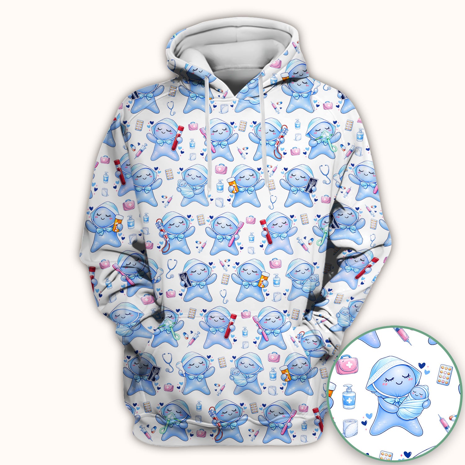 Cute Tooth Character Dental Tools Caring Pattern Scrub Top, Breathable Fabrics Nursing Uniform