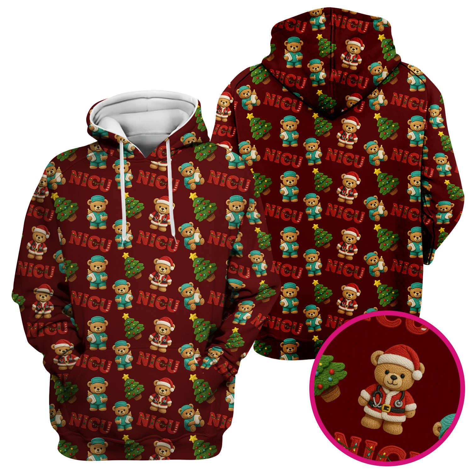 Festive Christmas NICU Nurse Teddy Bear Pattern, Breathable Fabrics Nursing Uniform