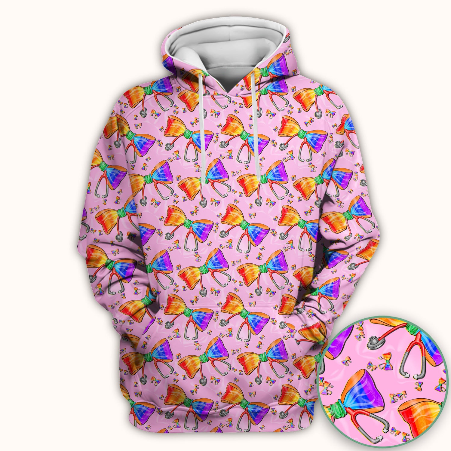 Colorful Rainbow Bow Stethoscope Pattern Scrub Top, Breathable Fabrics Nursing Uniform