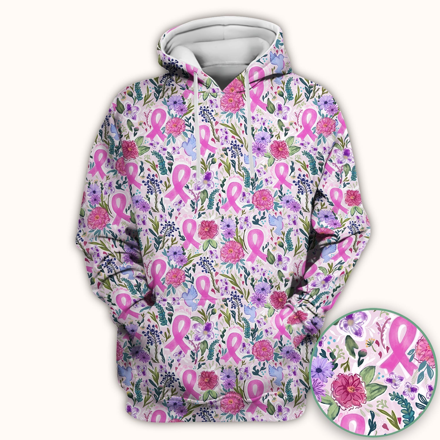 Floral Pink Ribbon Print Scrub Top, Comfortable Scrubs for Nurses