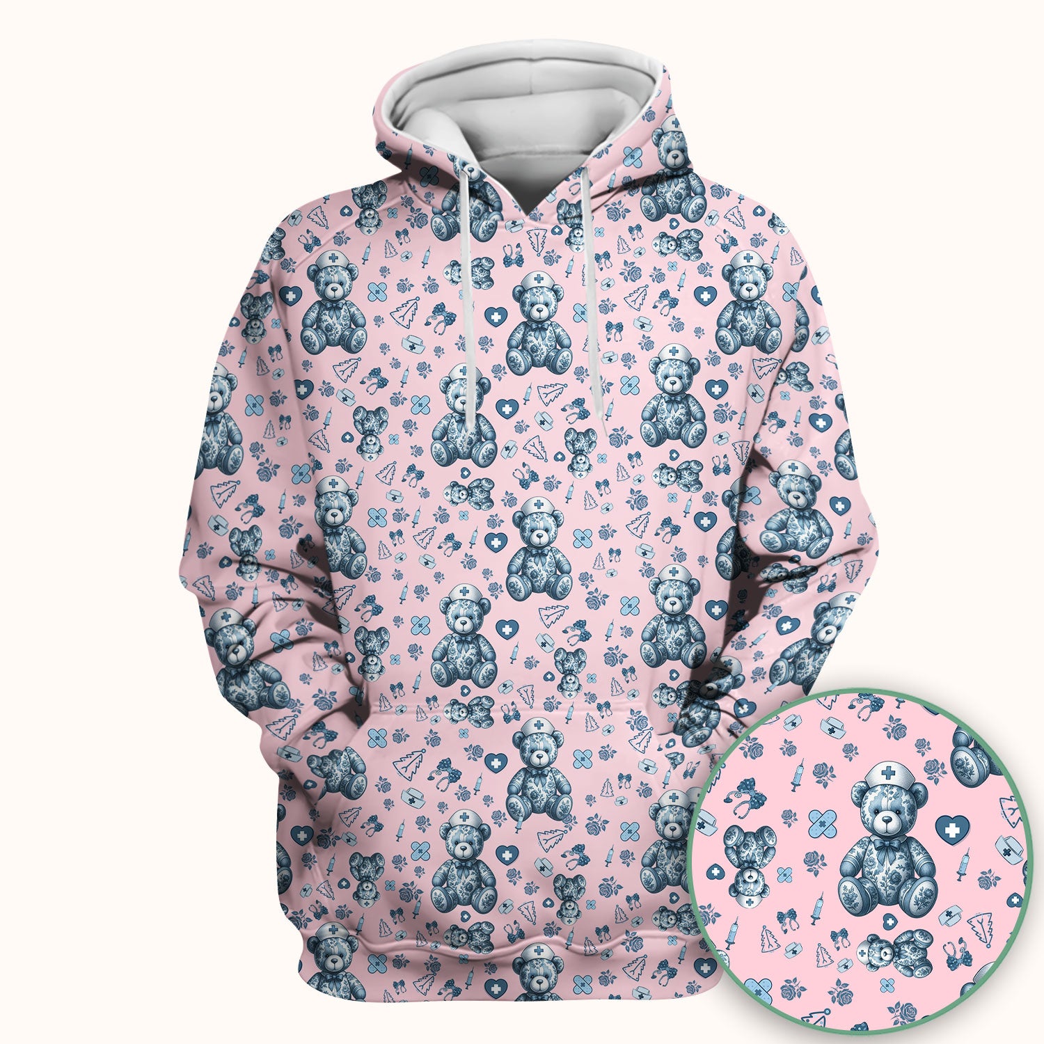 Toile Teddy Bear Nurse Scrub Top - Elegant Blue Toile de Jouy Pattern Medical Shirt for Women - Cute Vintage Nursing Uniform Gift