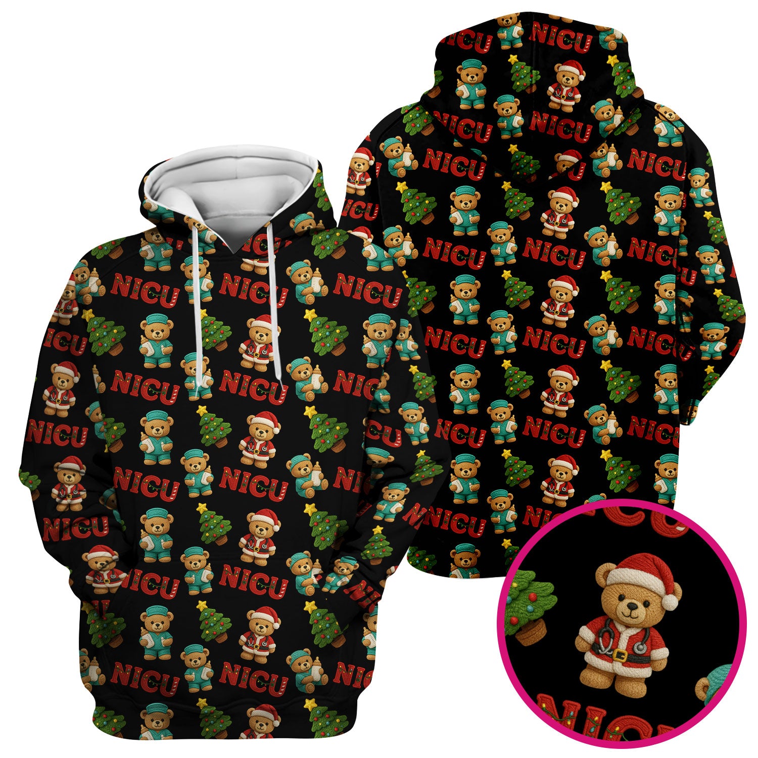 Festive Christmas NICU Nurse Teddy Bear Pattern, Breathable Fabrics Nursing Uniform