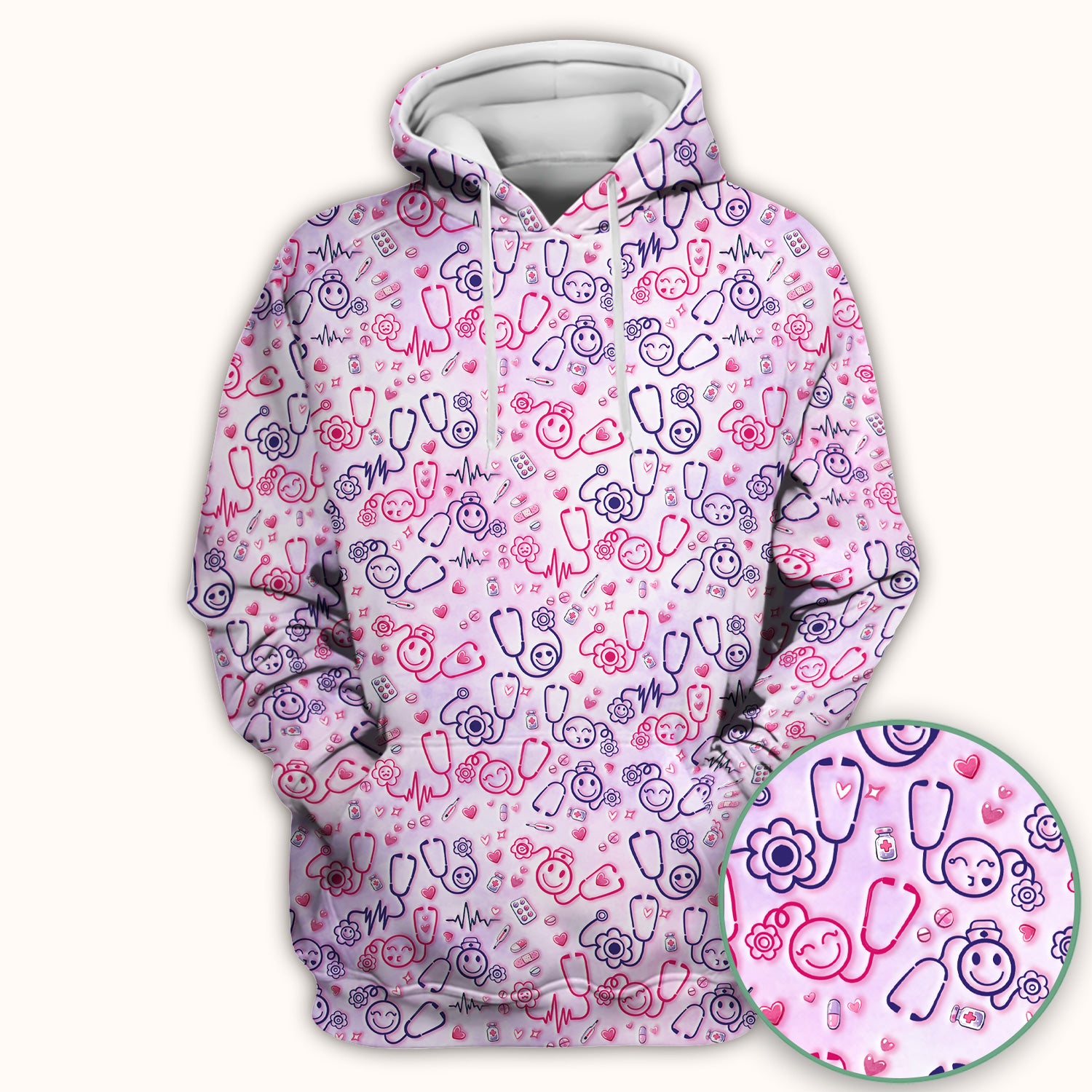 Stethoscope Heart Cute Icon Print Scrub Top, Breathable Fabrics Nursing Uniform