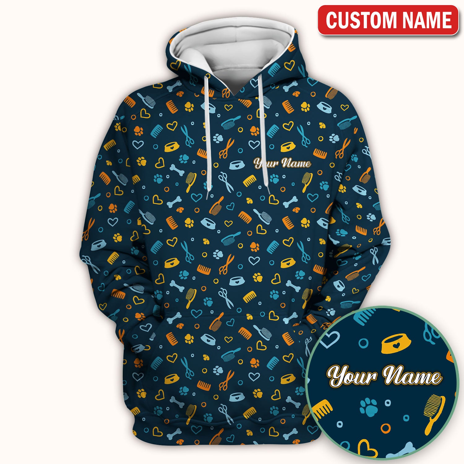 Custom Name Dog Cat Grooming Pattern Scrub Top, Breathable Fabrics Nursing Uniform