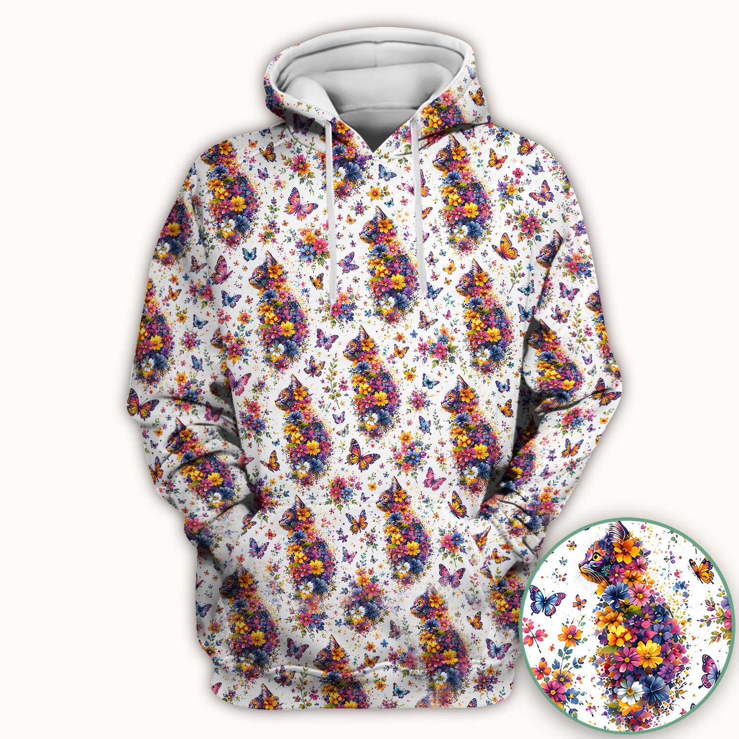 Cute Floral Cat With Butterfly Pattern Scrub Top, Comfortable Scrubs for Nurses
