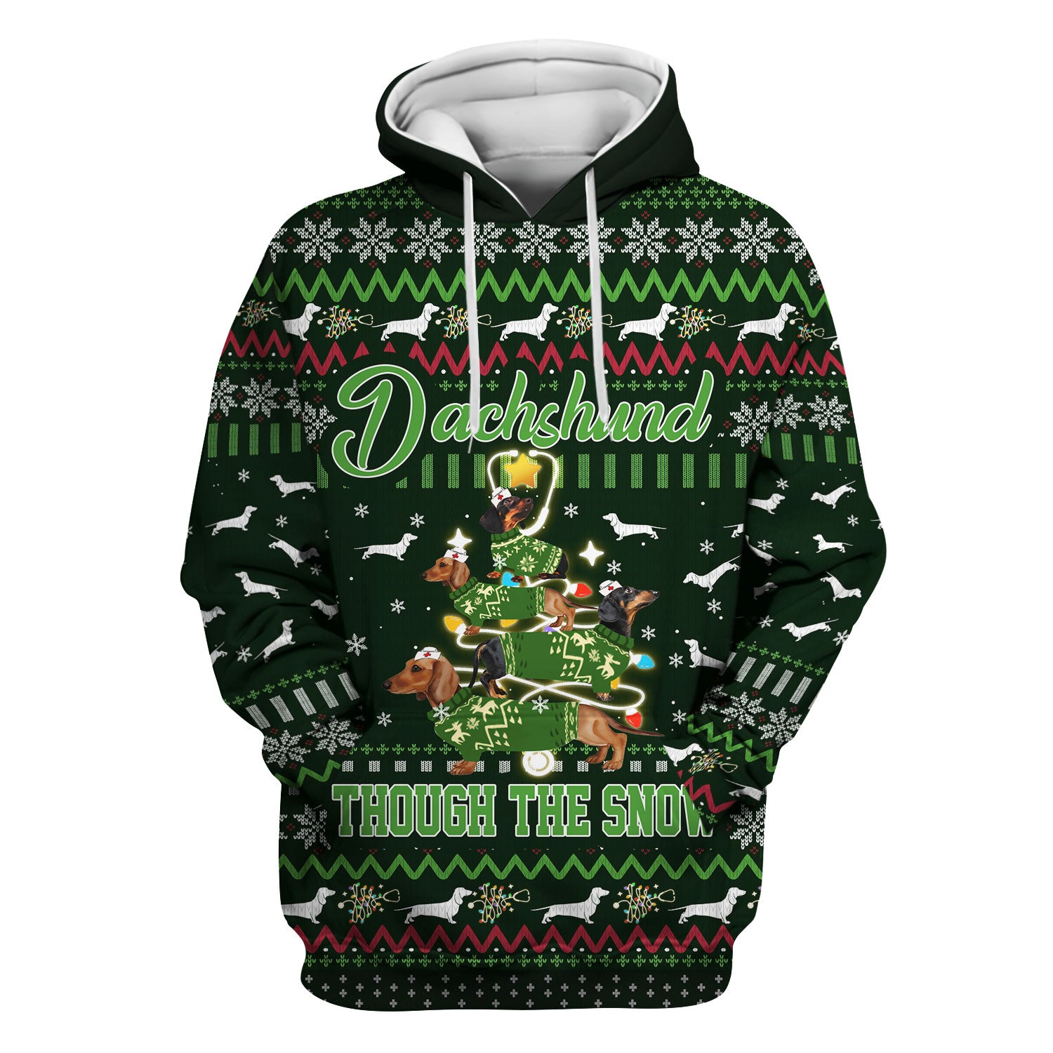 Dachshund Through The Snow Christmas Scrub Top - Funny Sausage Dog Xmas Tree Nurse Shirt - Cute Holiday Medical Uniform