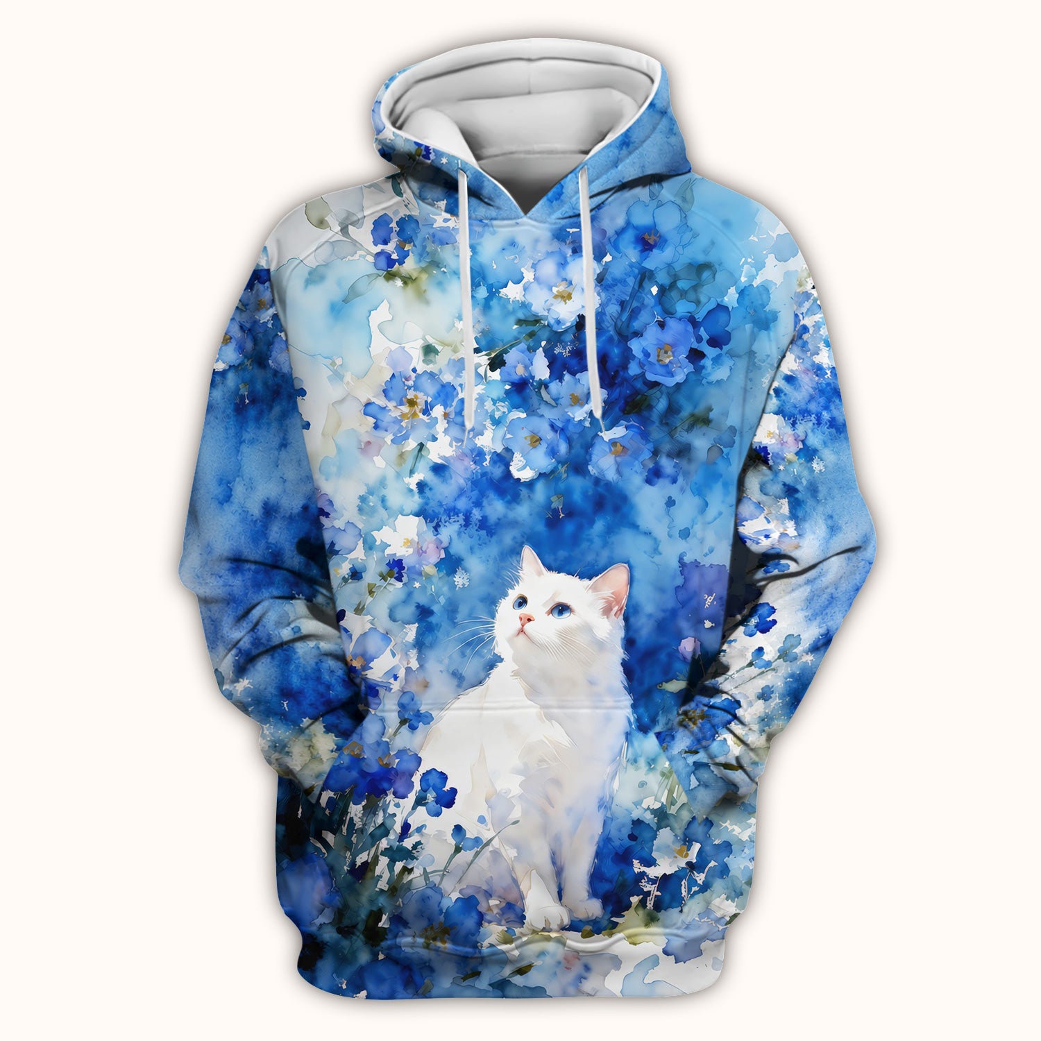 Adorable Blue Floral White Cat Pattern Scrub Top, Comfortable Scrubs for Nurses