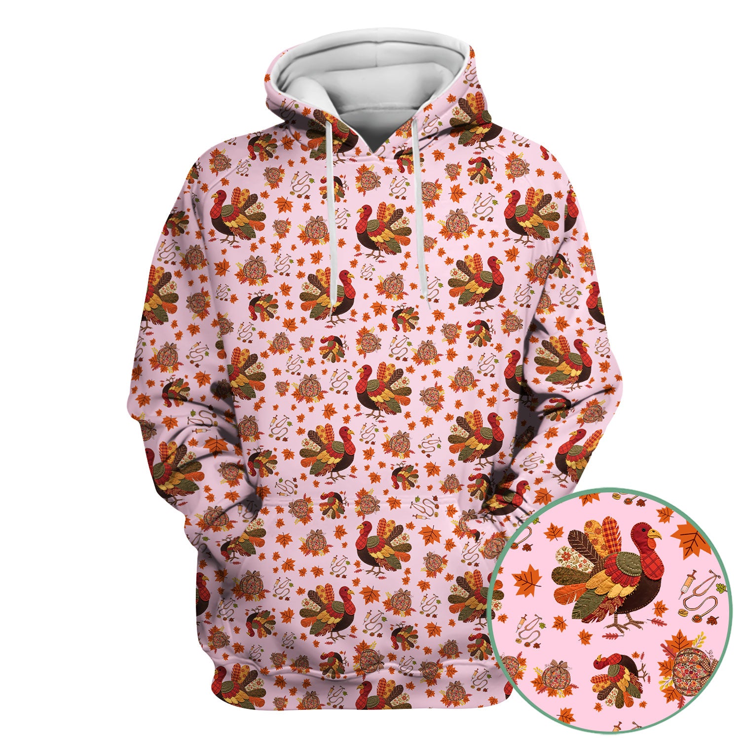 Thanksgiving Turkey Nurse Scrub Top for Women - Fall Leaves Pattern Shirts - Autumn Nursing Uniform Gift for RN LPN CNA