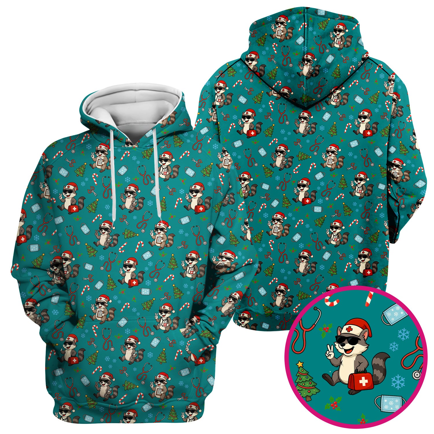 Cute Raccoon Christmas Scrub Top - Santa Hat and Stethoscope Pattern Nurse Scrubs - Funny Holiday Medical Shirt Gift for RN CNA LPN