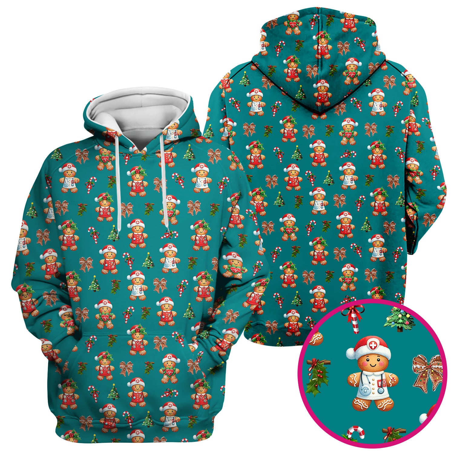 Funny Christmas Scrub Top for Nurse - Adorable Gingerbread Candy Cane Bow- Festive Medical Uniform for Women