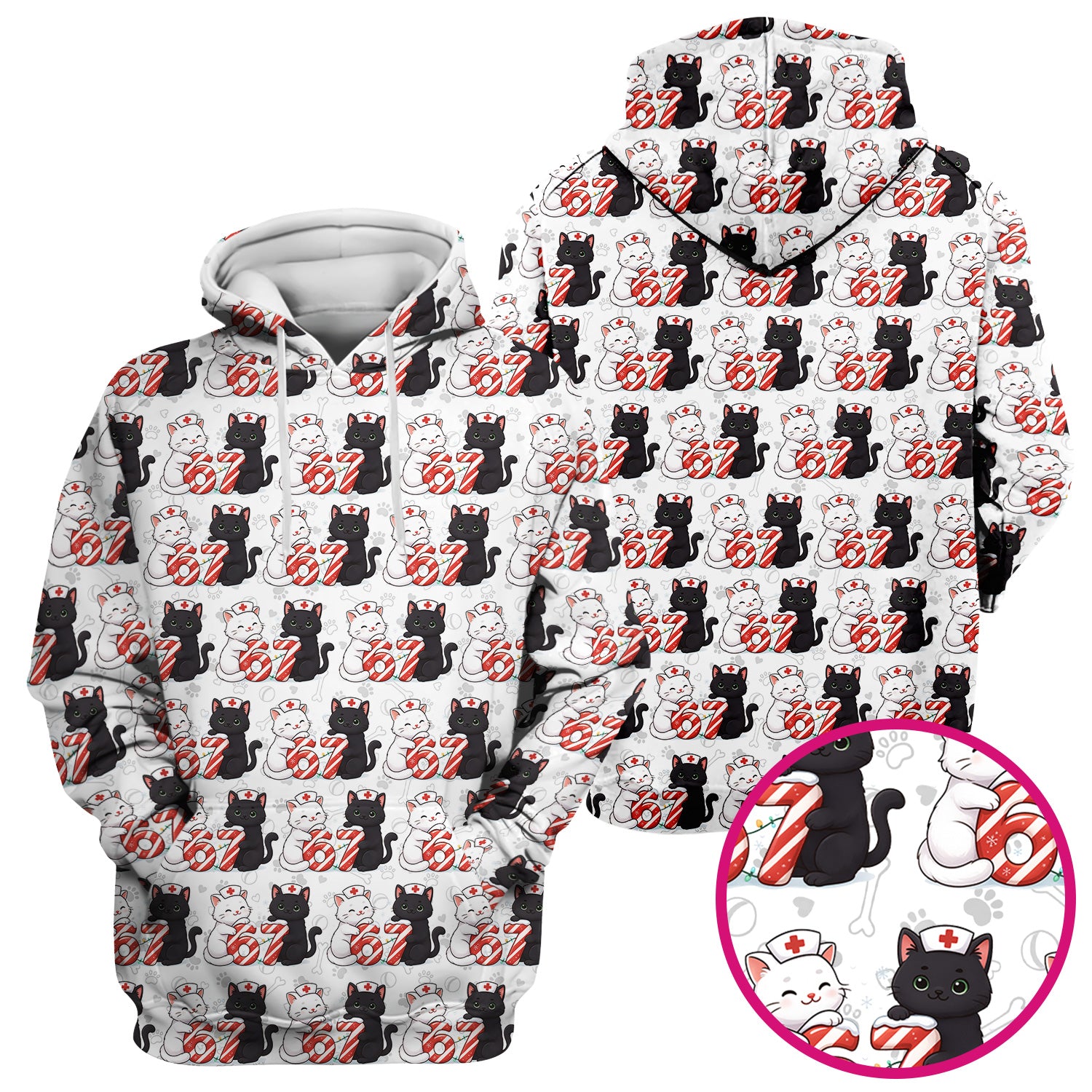 Xmas Cat Pattern Scrub Top, Christmas Nurse Six Seven With Cat Scrub Shirt, Breathable Fabrics Nursing Uniform