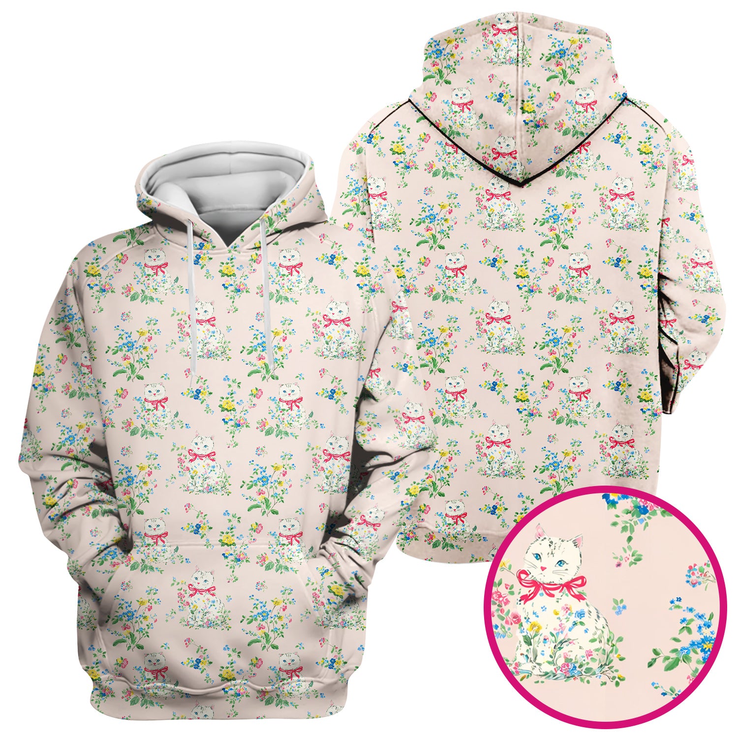 Vintage Floral Cat Print Scrub Top, Comfortable Scrubs for Nurses