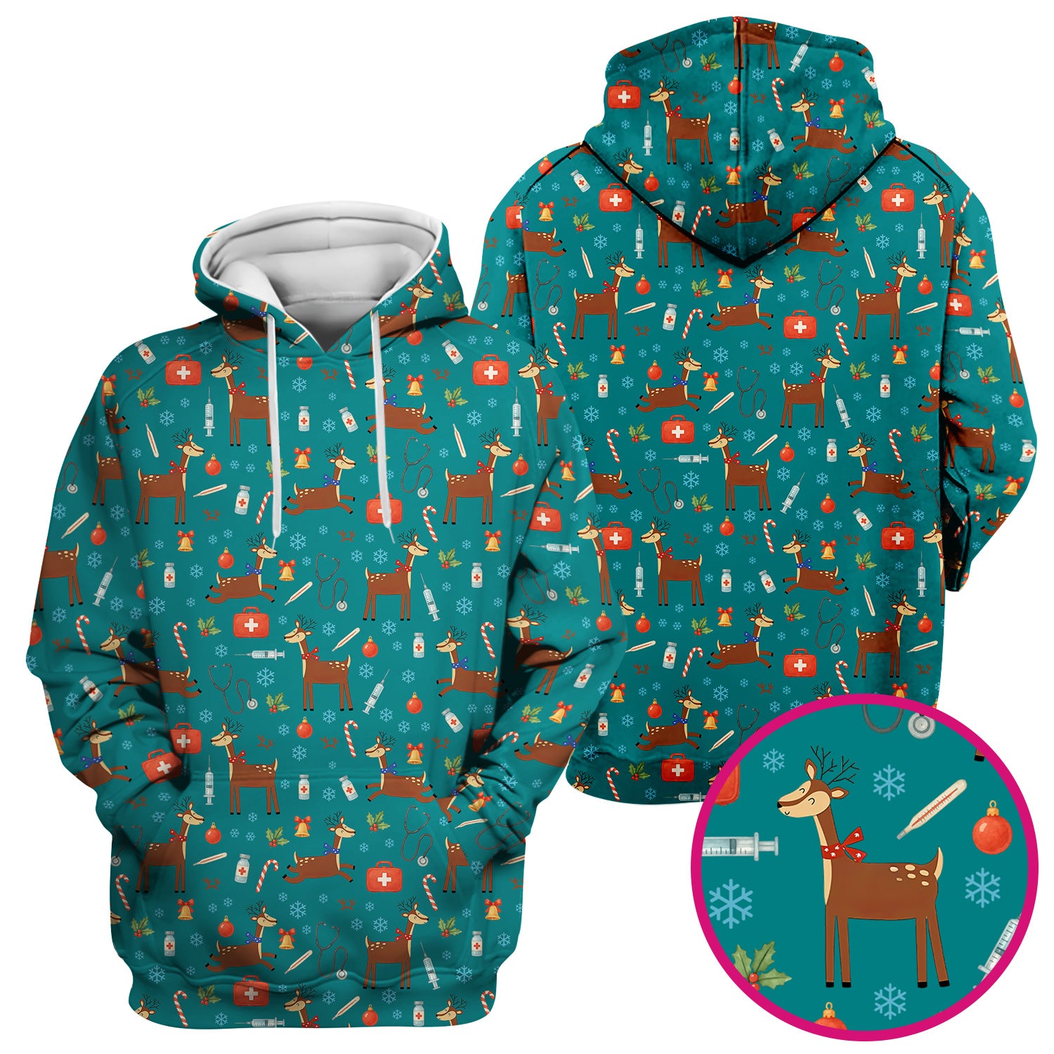 Reindeer Christmas Scrub Top - Snowflakes Candy Canes Holiday Medical Shirt - Xmas Scrubs for Women RN CNA LPN