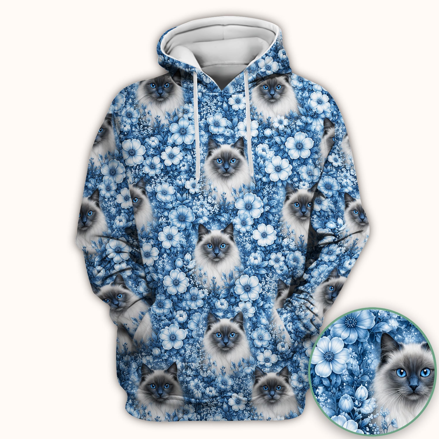 Blue Floral Ragdoll Cat Pattern Scrub Top, Comfortable Scrubs for Nurses