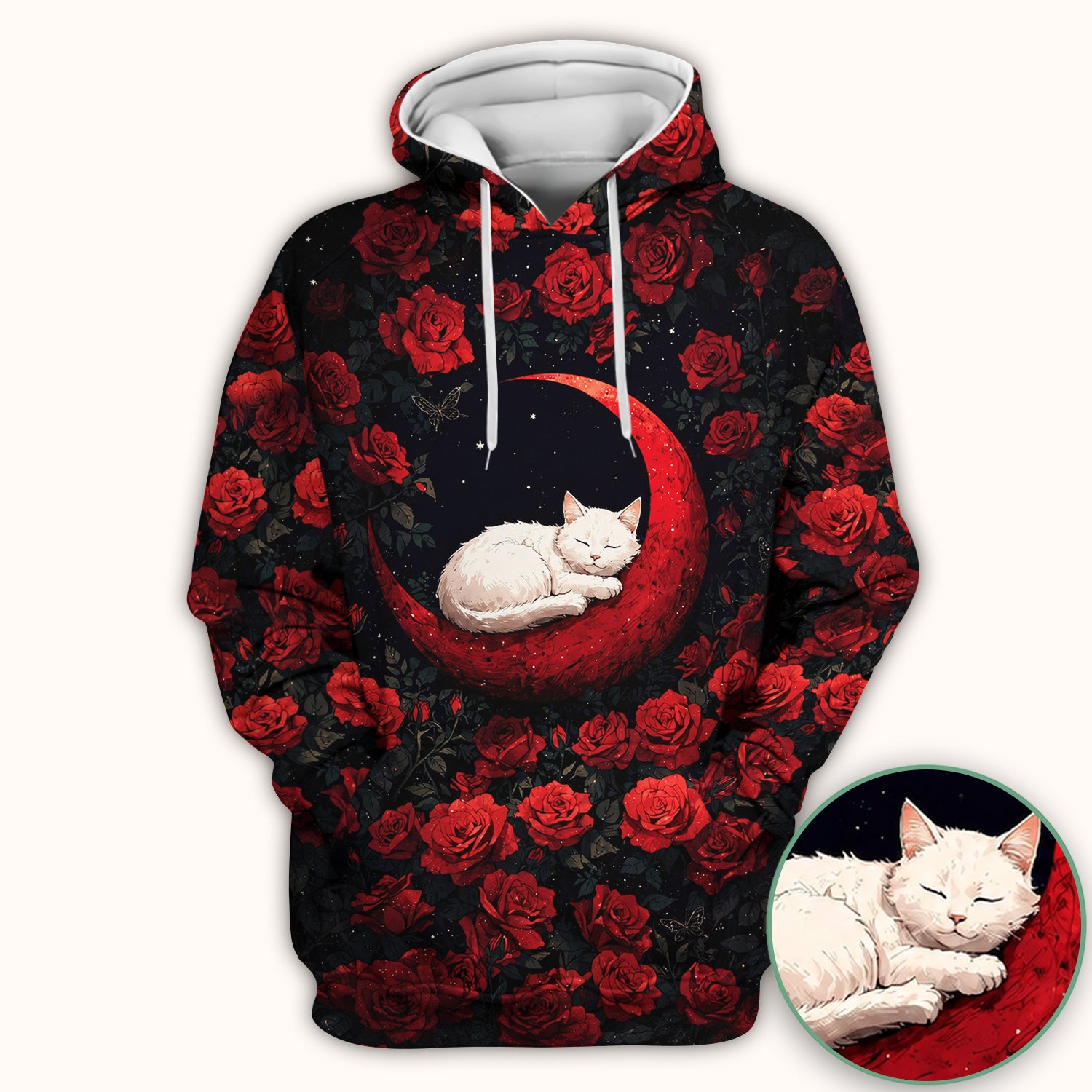 Gothic Red Moon Cat Nurse for Veterinary Staff, RN, CNA, Rose Medical Scrub Top, Comfortable Scrubs for Nurses