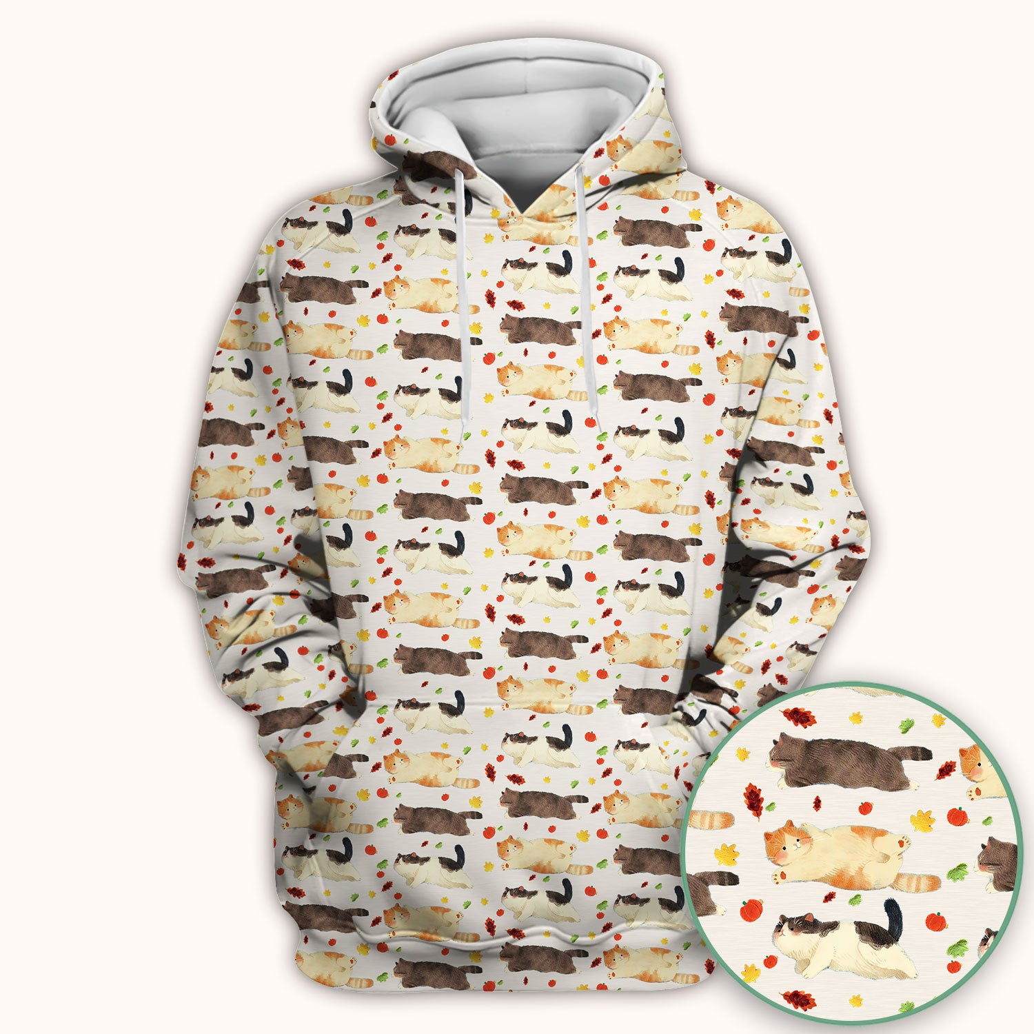 Chubby Cat Autumn Leaves Print Scrub Top, Breathable Fabrics Nursing Uniform