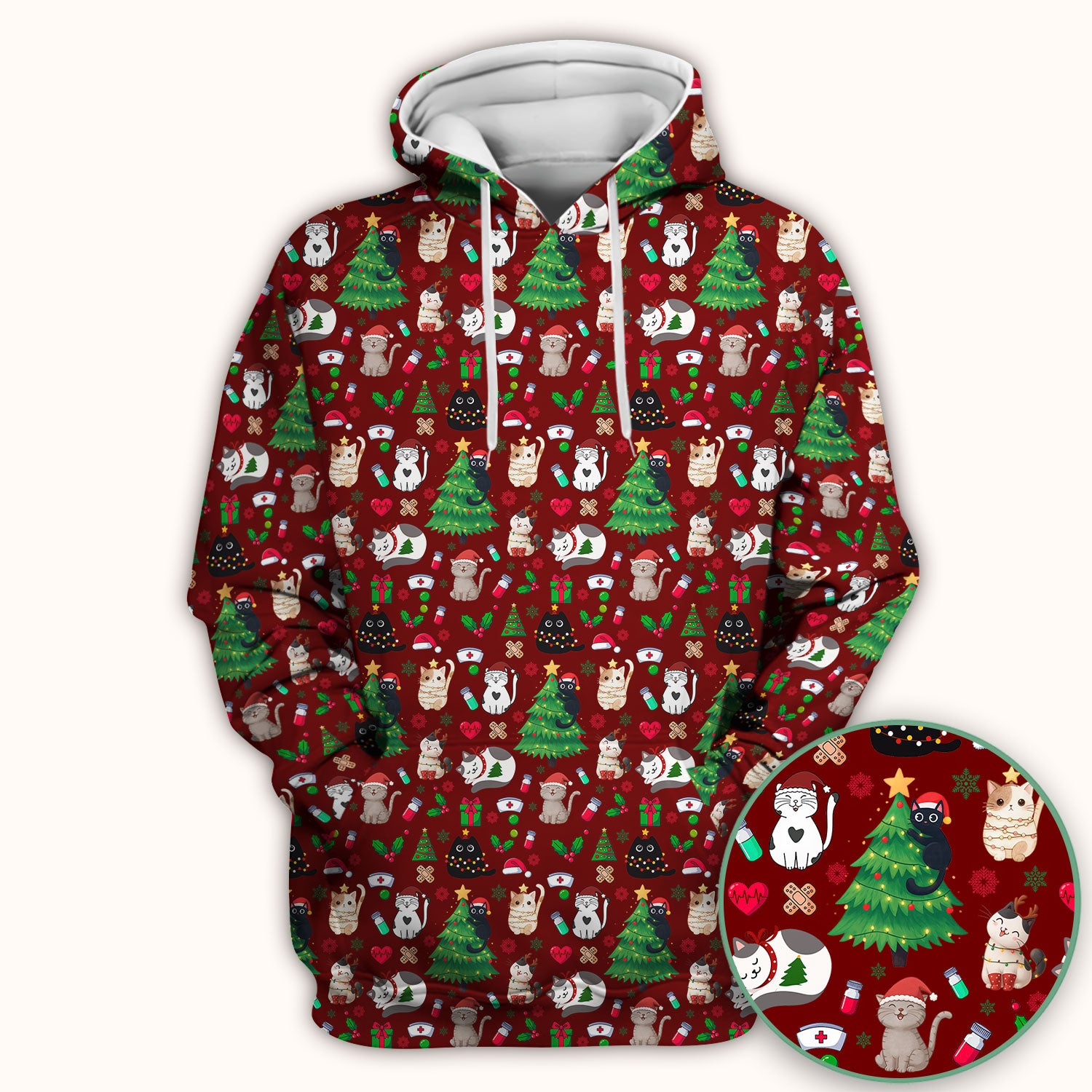 Christmas Cat Scrub Top, Xmas Pet Pattern Scrub Shirt, Breathable Fabrics Nursing Uniform