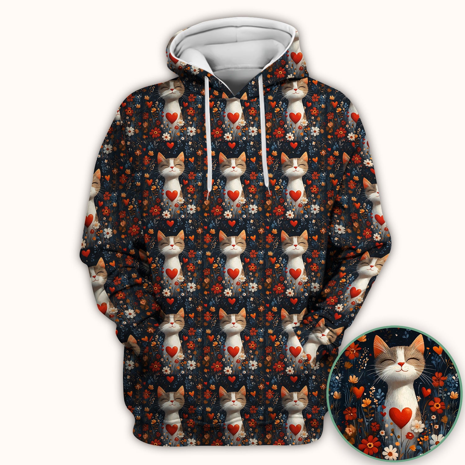 Cat Heart Floral Garden Pattern Scrub Top, Breathable Fabrics Nursing Uniform