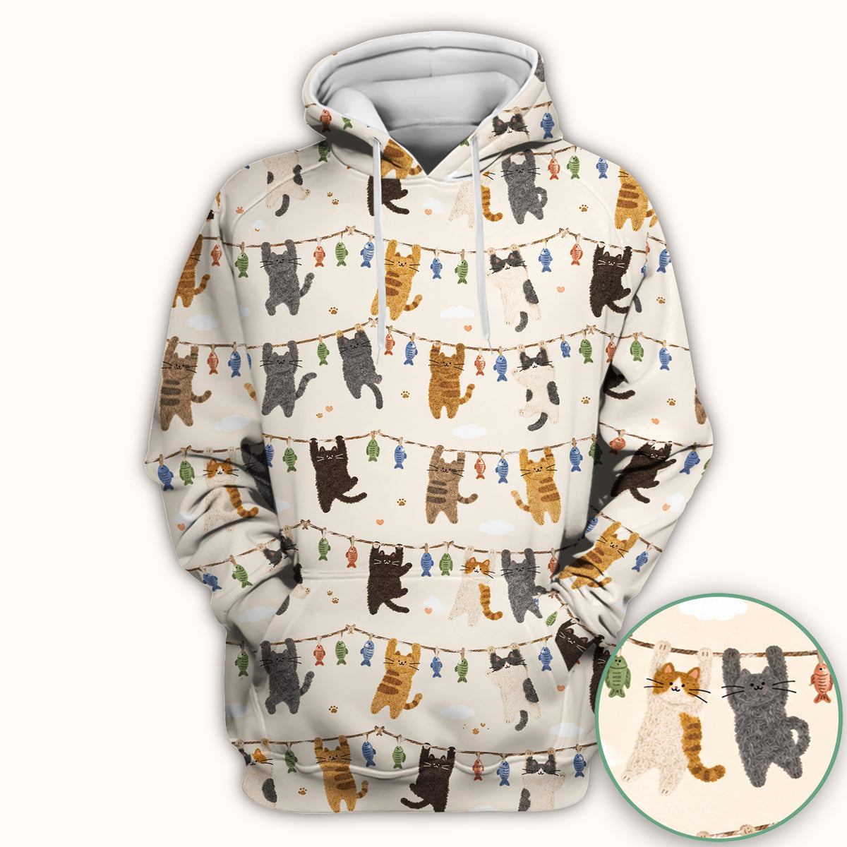 Cute Hanging Cat Fishline Pattern Scrub Top, Comfortable Scrubs for Nurses