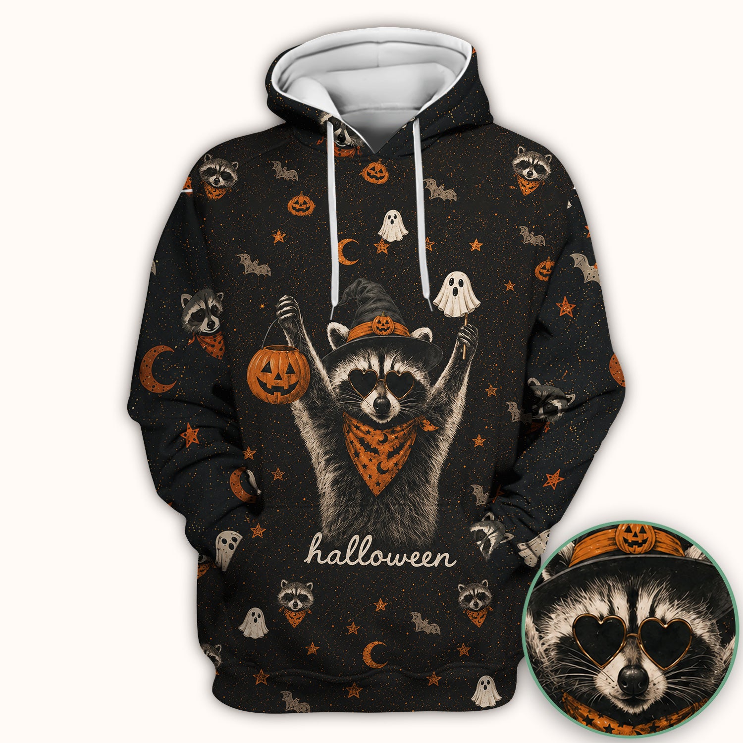 Ghost Pumpkin Raccoon Pattern Scrub Top, Comfortable Scrubs for Nurses