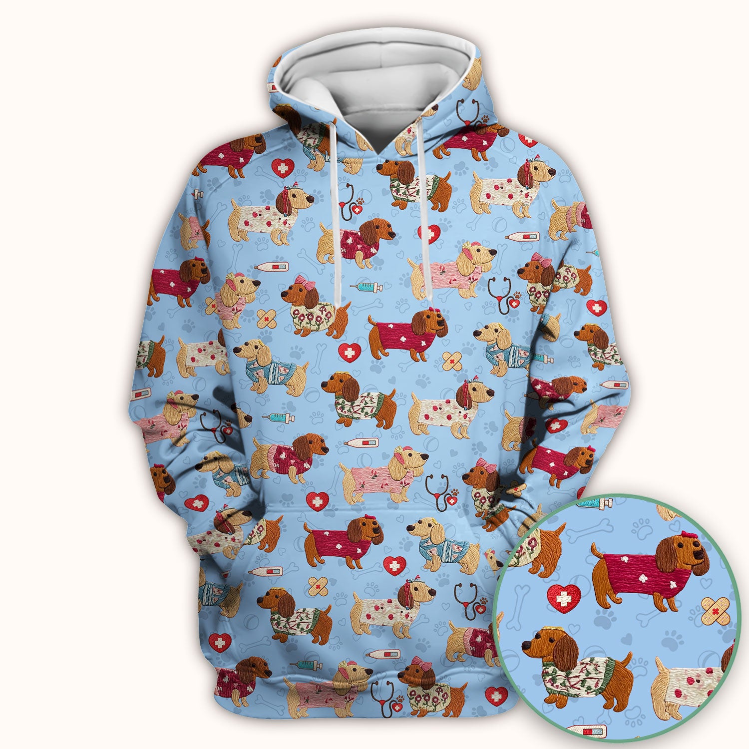 Cute Medical Wiener Dog Pattern Nurse Shirt, Dachshund Nursing Scrub Top, Breathable Fabrics Nursing Uniform