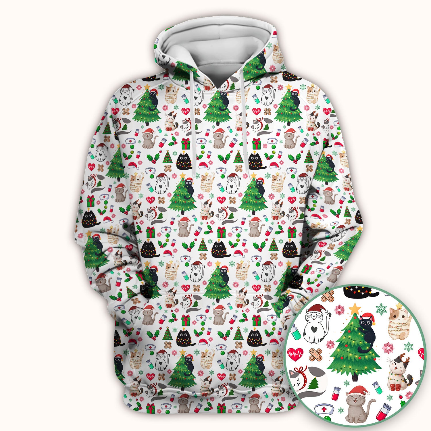 Christmas Cat Scrub Top, Xmas Pet Pattern Scrub Shirt, Breathable Fabrics Nursing Uniform