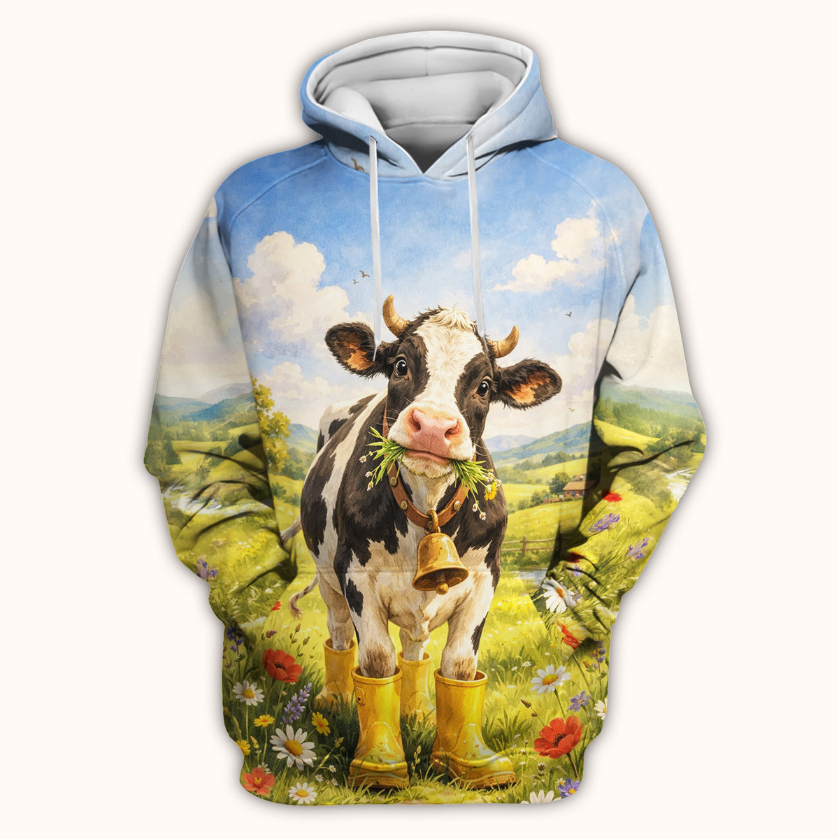 Cute Cow Wearing Boots Meadow Scene Pattern Scrub Top, Comfortable Scrubs for Nurses