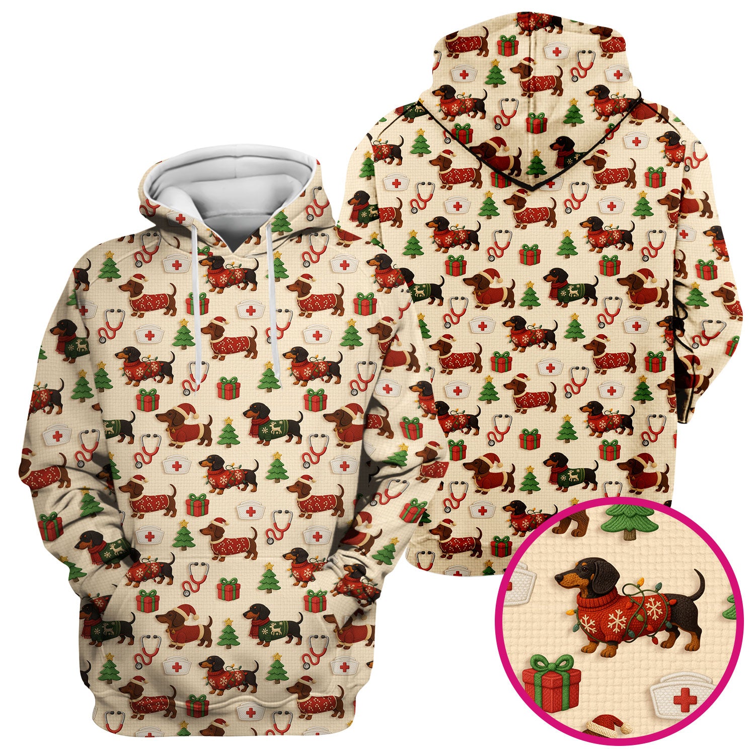 Christmas Nurse Scrubs for Women - Cute Dachshund Dog Print with Holiday Gifts & Trees - Custom Multi Color Nursing Shirt Gift