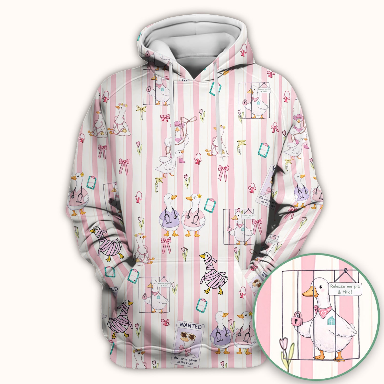 Cute Nurse Duck Stripe Pattern Scrub Top, Comfortable Scrubs for Nurses