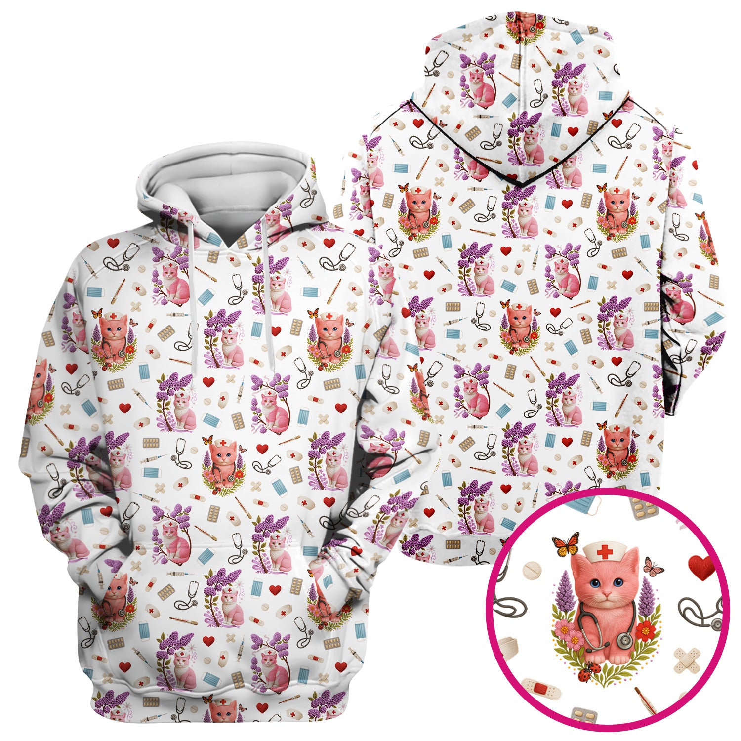 Pink Cat Print Medical Scrub Top - Cute Nurse Shirt for Women - Funny Pattern Gift for RN LPN CNA Healthcare Workers