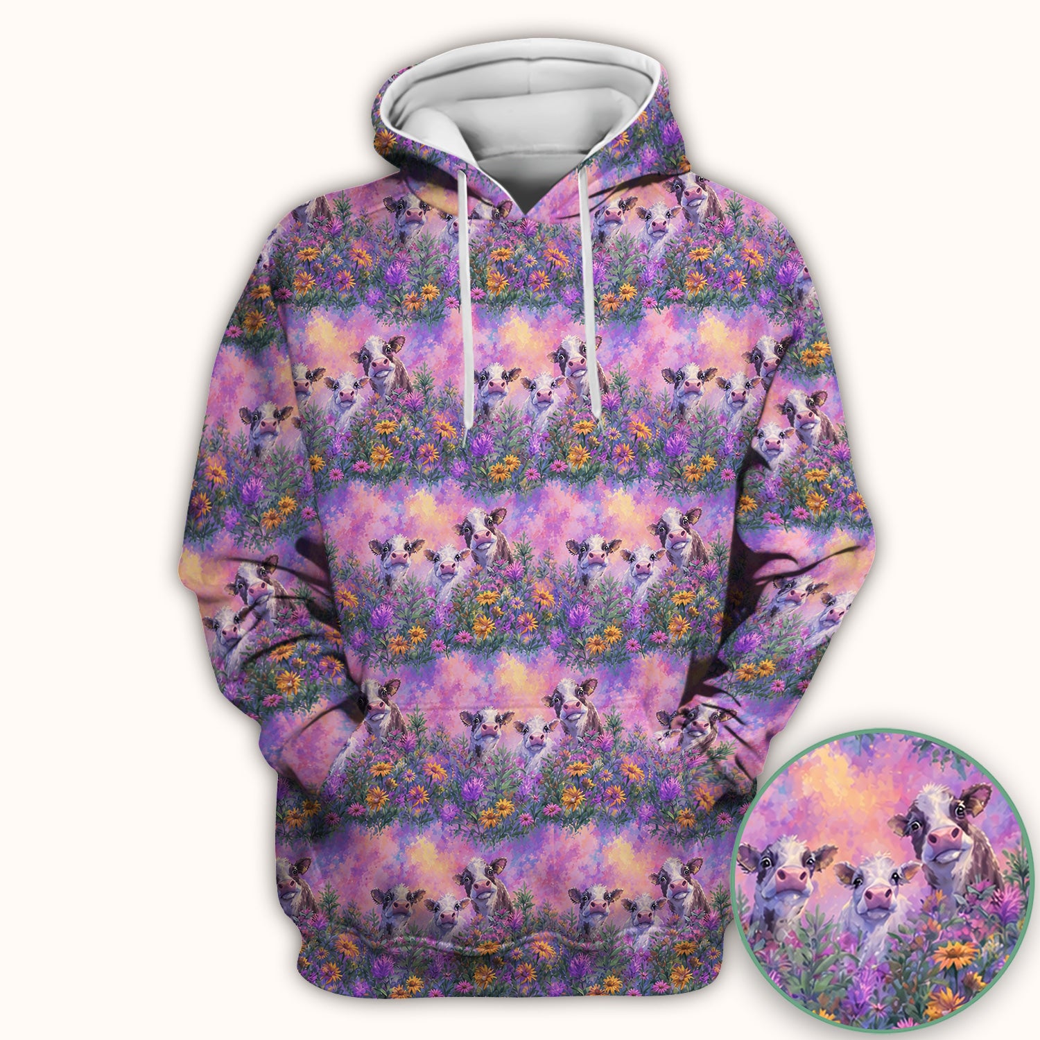 Pastel Cow Meadow Flower Pattern Scrub Top, Comfortable Scrubs for Nurses