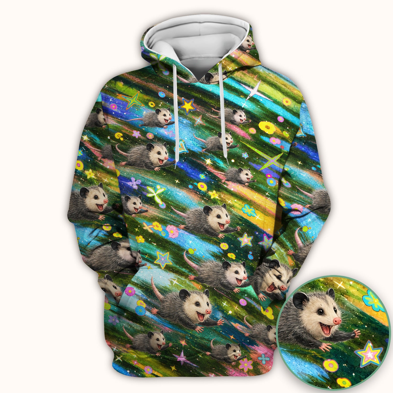 Colorful Opossum Rainbow Stars Print Scrub Top, Comfortable Scrubs for Nurses