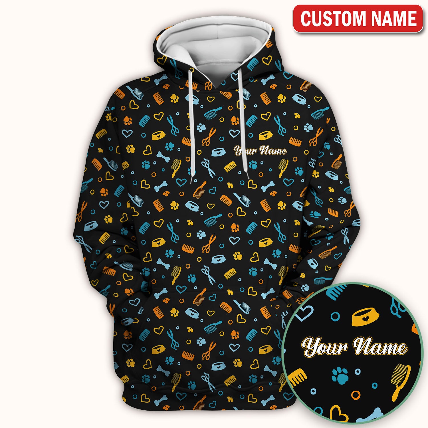 Custom Name Dog Cat Grooming Pattern Scrub Top, Breathable Fabrics Nursing Uniform