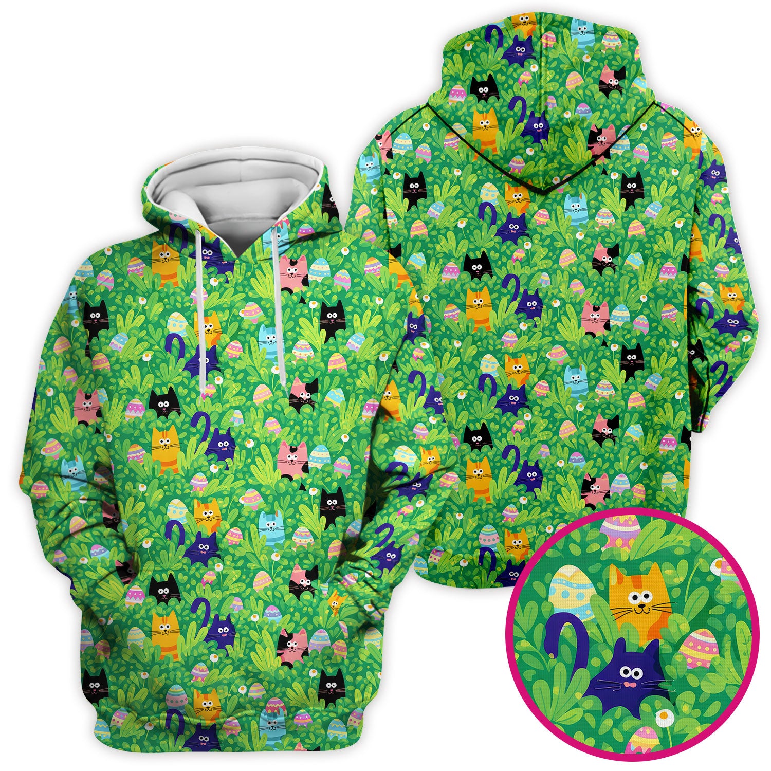 Colorful Easter Cats Green Leaves Print Scrub Top, Comfortable Scrubs for Nurses