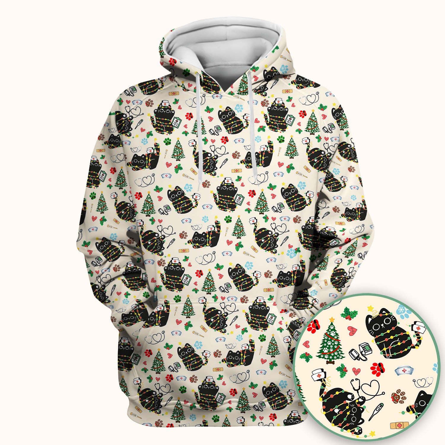 Funny Black Cat Christmas Scrub Top – Cute Holiday Kitty Pattern – Festive Medical Uniform for Nurses, Vets, and Cat Lovers