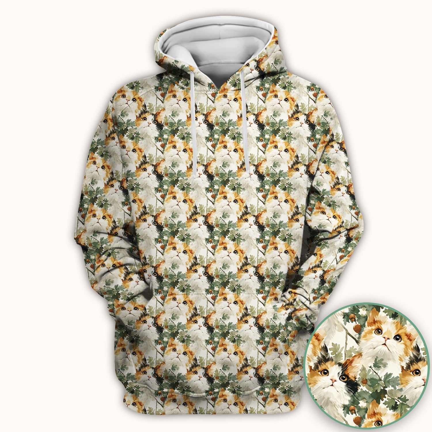 Fluffy Calico Cat Oak Leaves Pattern Scrub Top, Comfortable Scrubs for Nurses