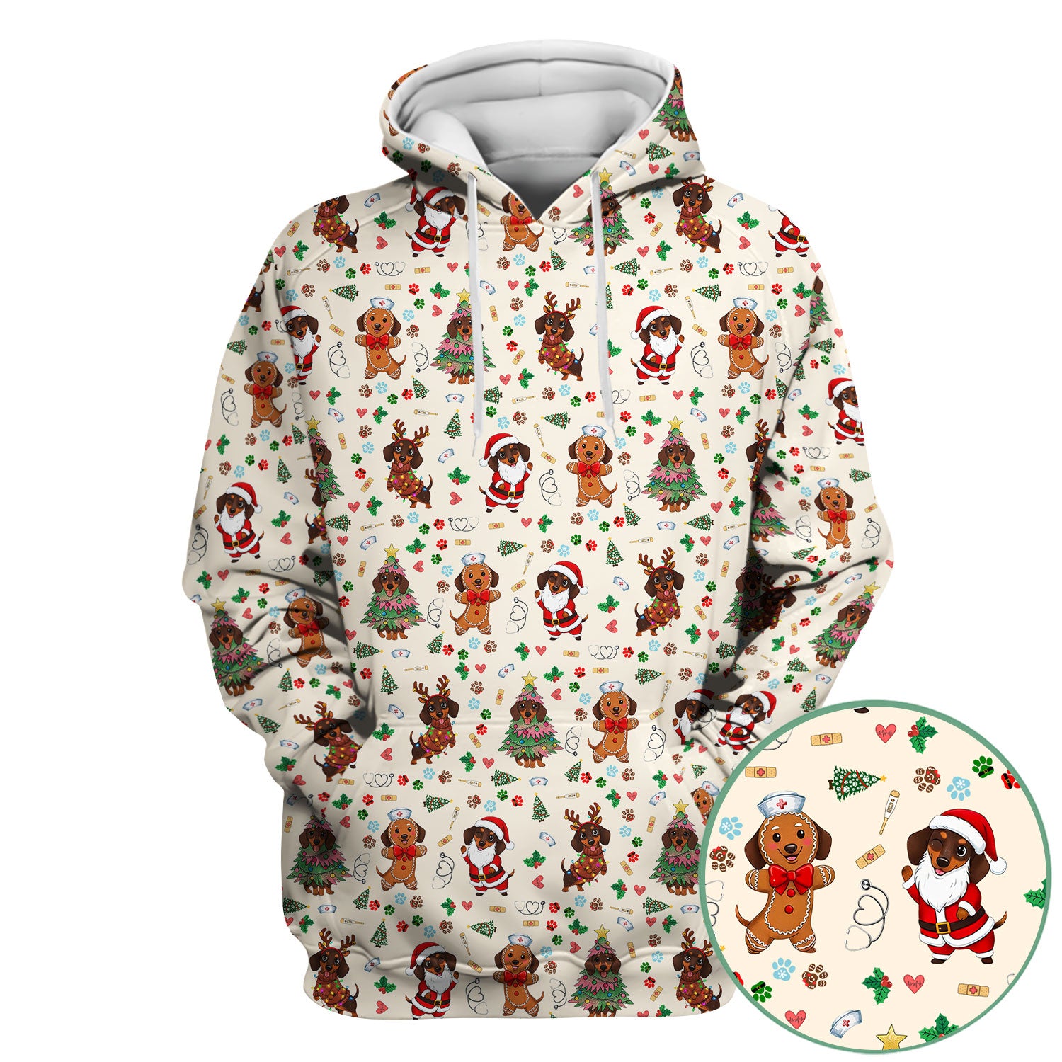 Wiener Dog Christmas Scrub Top – Funny Dachshund Pattern Medical Shirt – Festive Holiday Uniform for RN, LPN, CNA, and Vet Techs