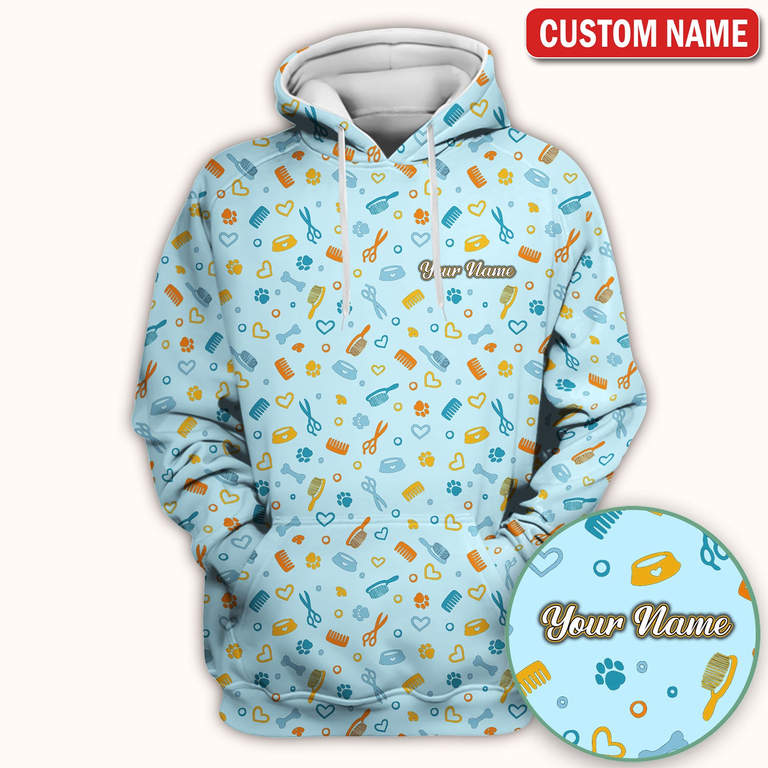 Custom Name Dog Cat Grooming Pattern Scrub Top, Breathable Fabrics Nursing Uniform