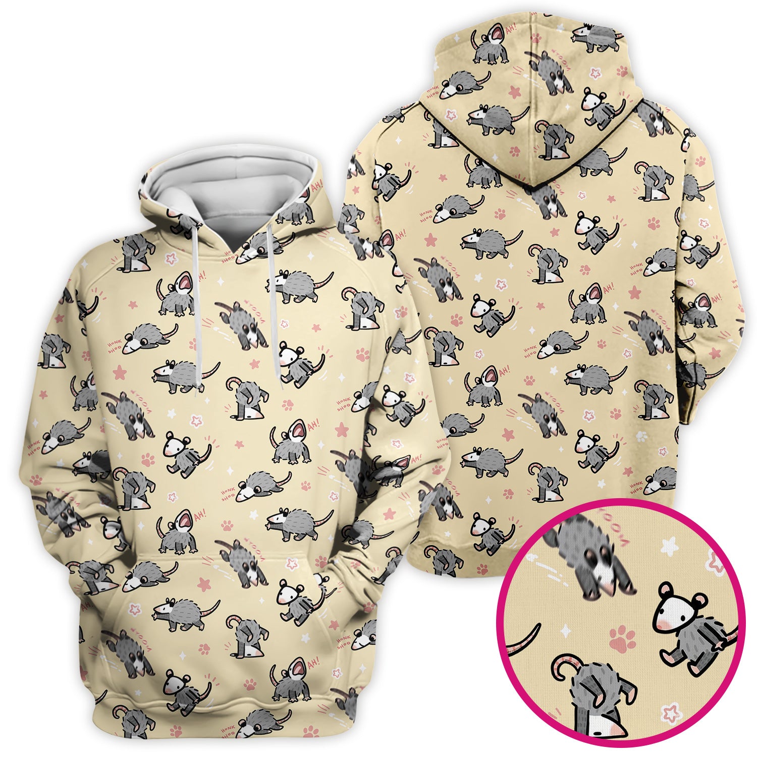 Playful Cartoon Opossum Character Pattern Scrub Top, Breathable Fabrics Nursing Uniform