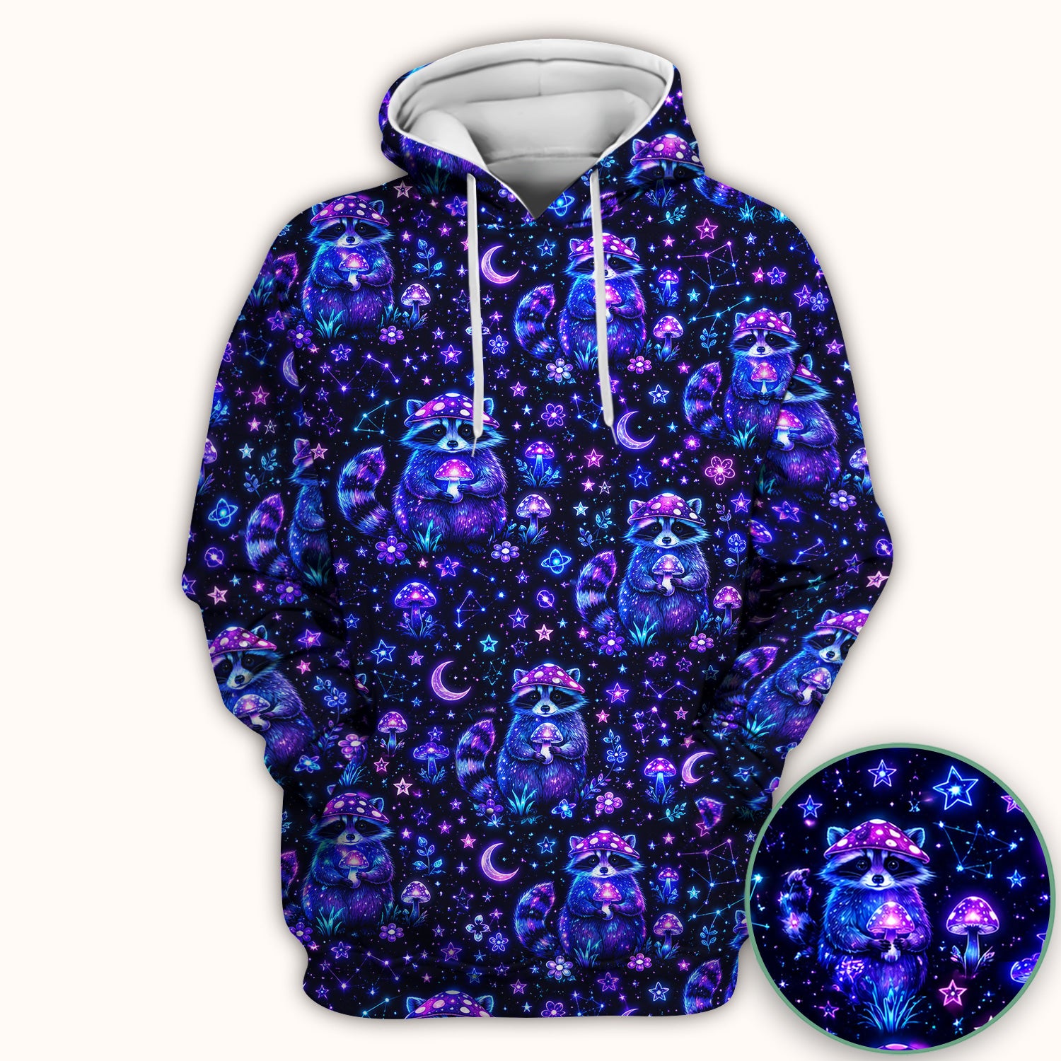 Neon Mushroom Raccoon Nurse Scrub Top for RN, CNA, Pediatric Nurses, Galaxy Uniform