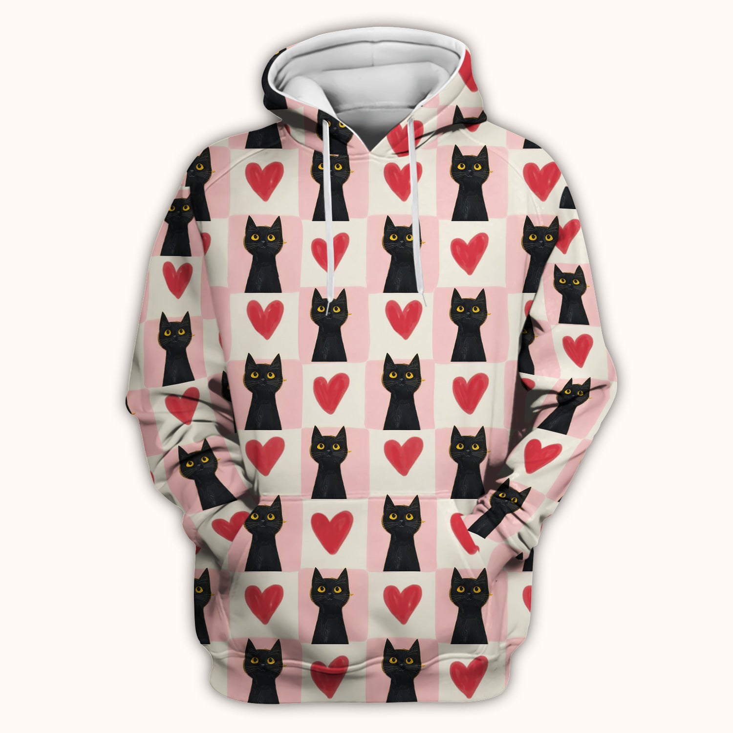 Cute Black Cat Heart Print V Neck Nursing Scrub Top, Comfortable Medical Uniform