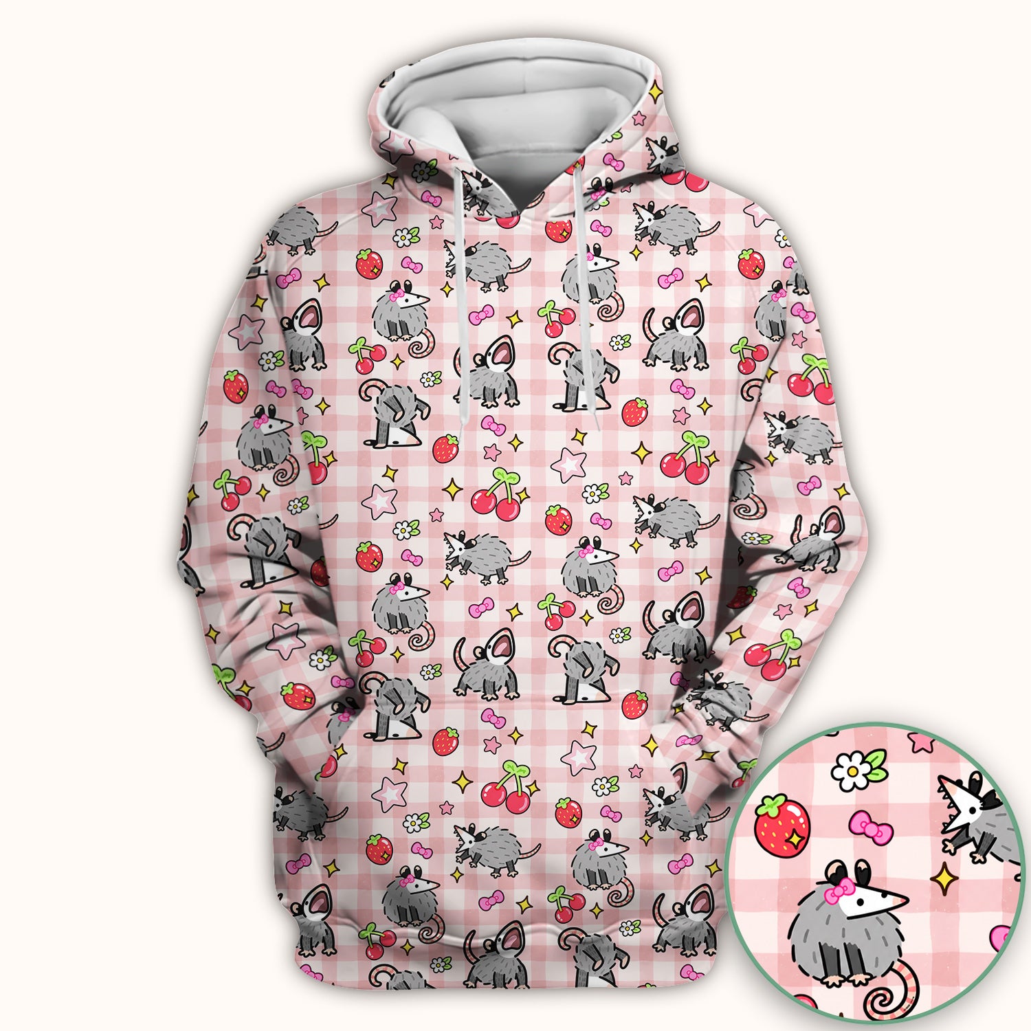 Cute Opossum And Cherries Gingham Pattern Scrub Top, Comfortable Scrubs for Nurses