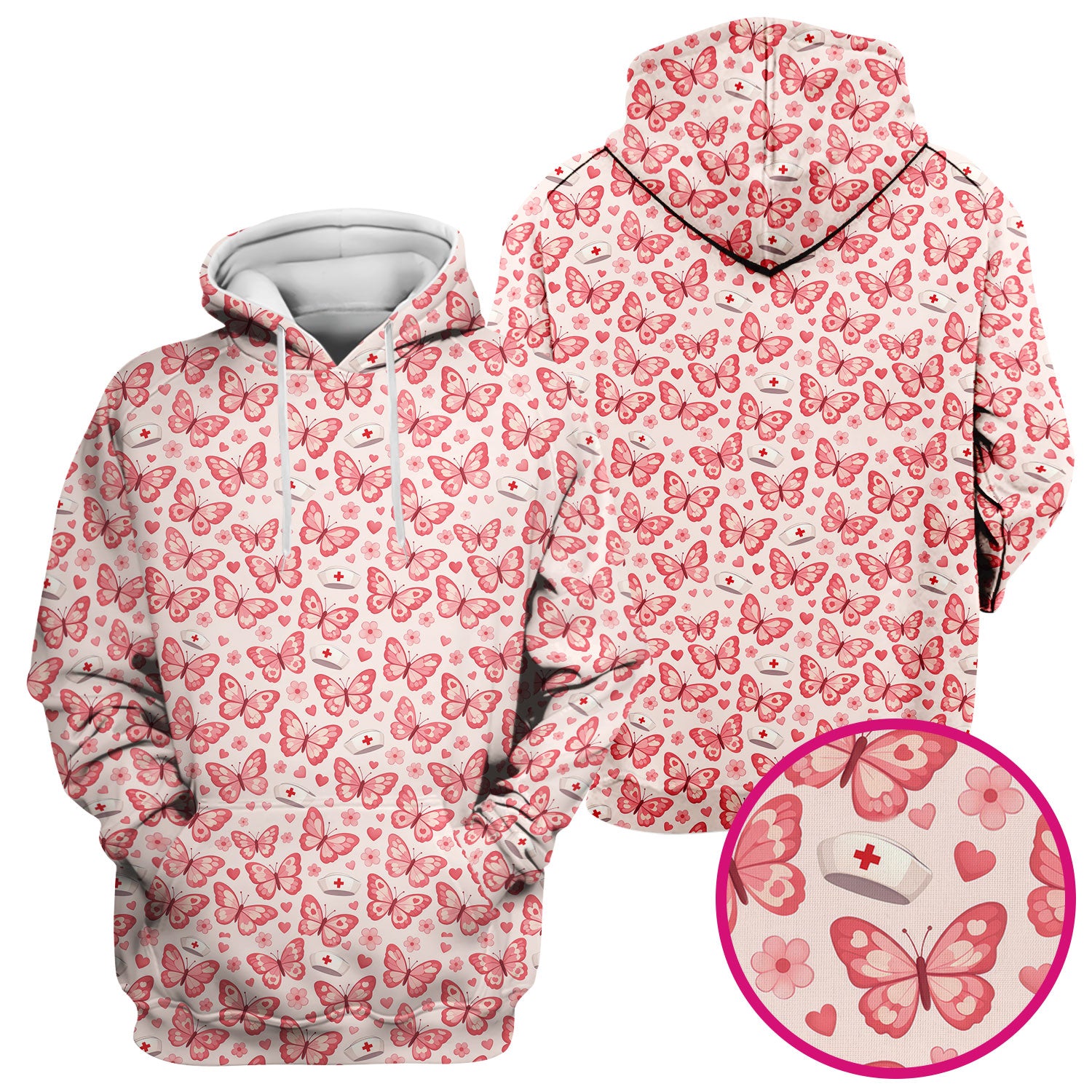 Valentine Butterfly Pattern Nurse Scrub Top, Pink Heart Medical Shirt For Women, Breathable Fabrics Nursing Uniform