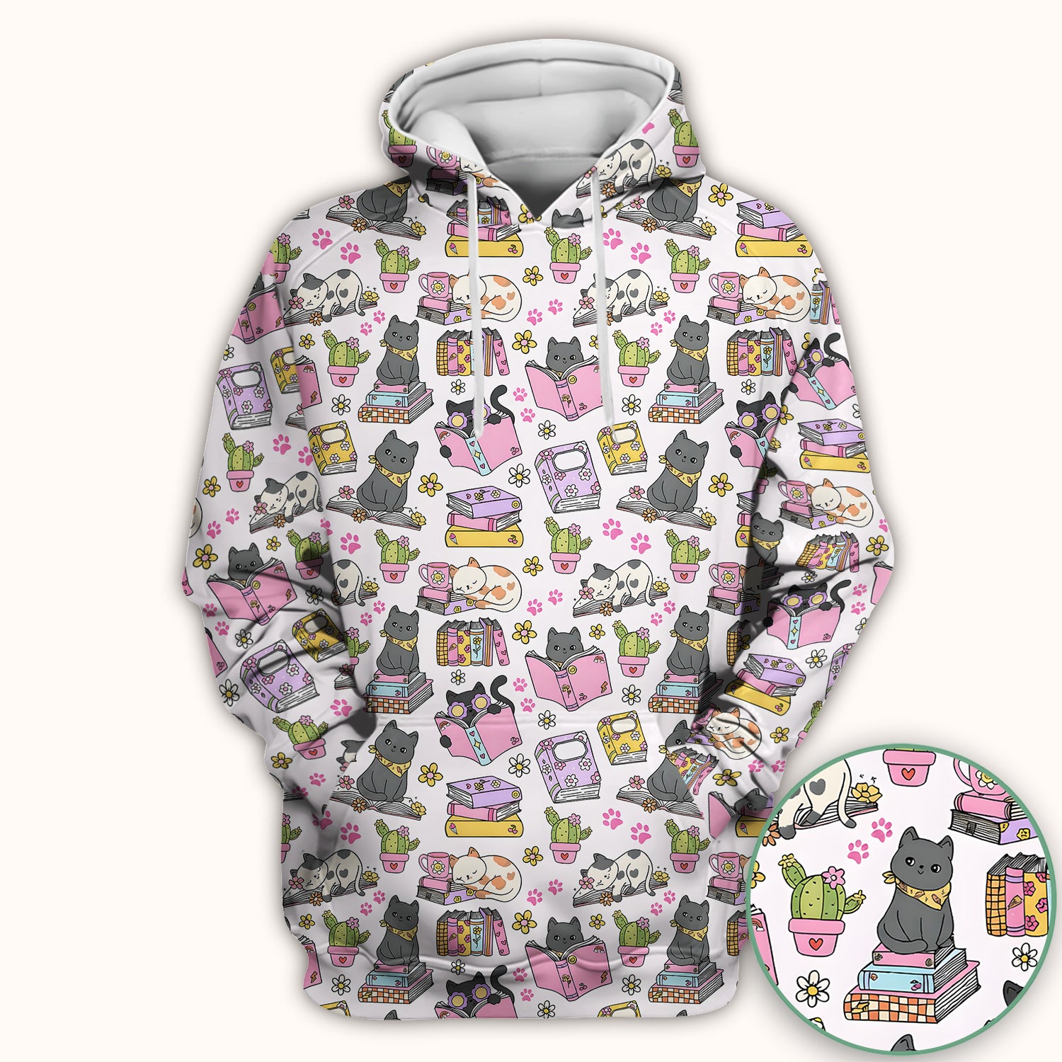 Cute Cat Book Cactus Seamless Pattern Scrub Top, Comfortable Scrubs for Nurses