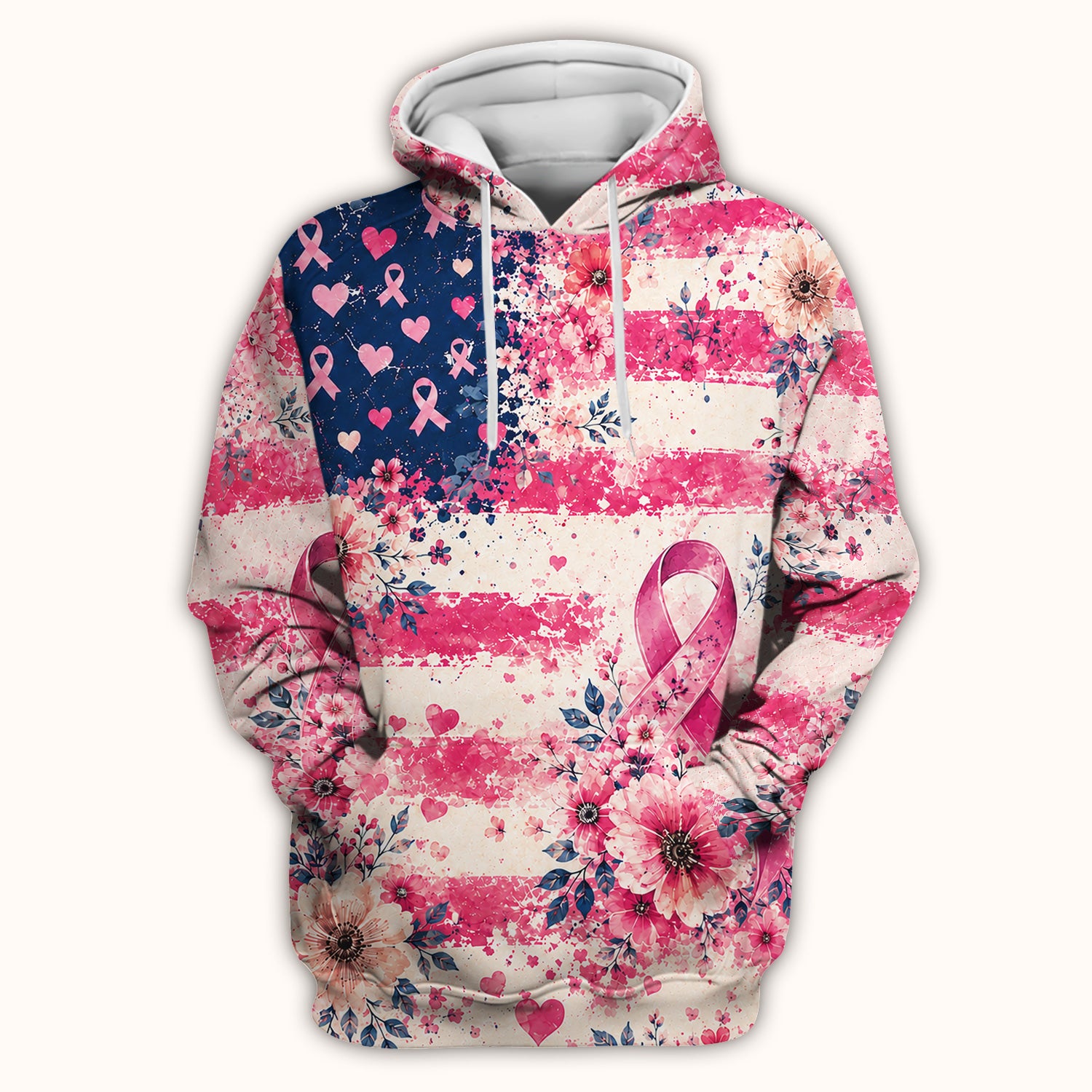 Breast Cancer Floral Flag Nurse Scrub Top for Oncology RN, Pink Ribbon Awareness Uniform